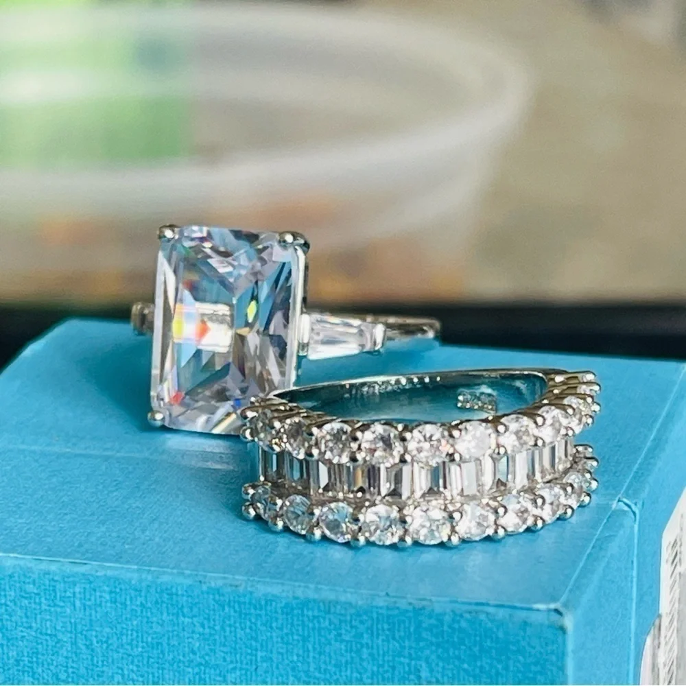 Set 2 Ring Silver 925 Emerald Cut